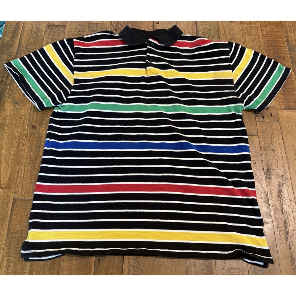 Vintage Regal Wear Striped Polo Shirt Mens 2XL Black Multicolor Y2K 100% Cotton